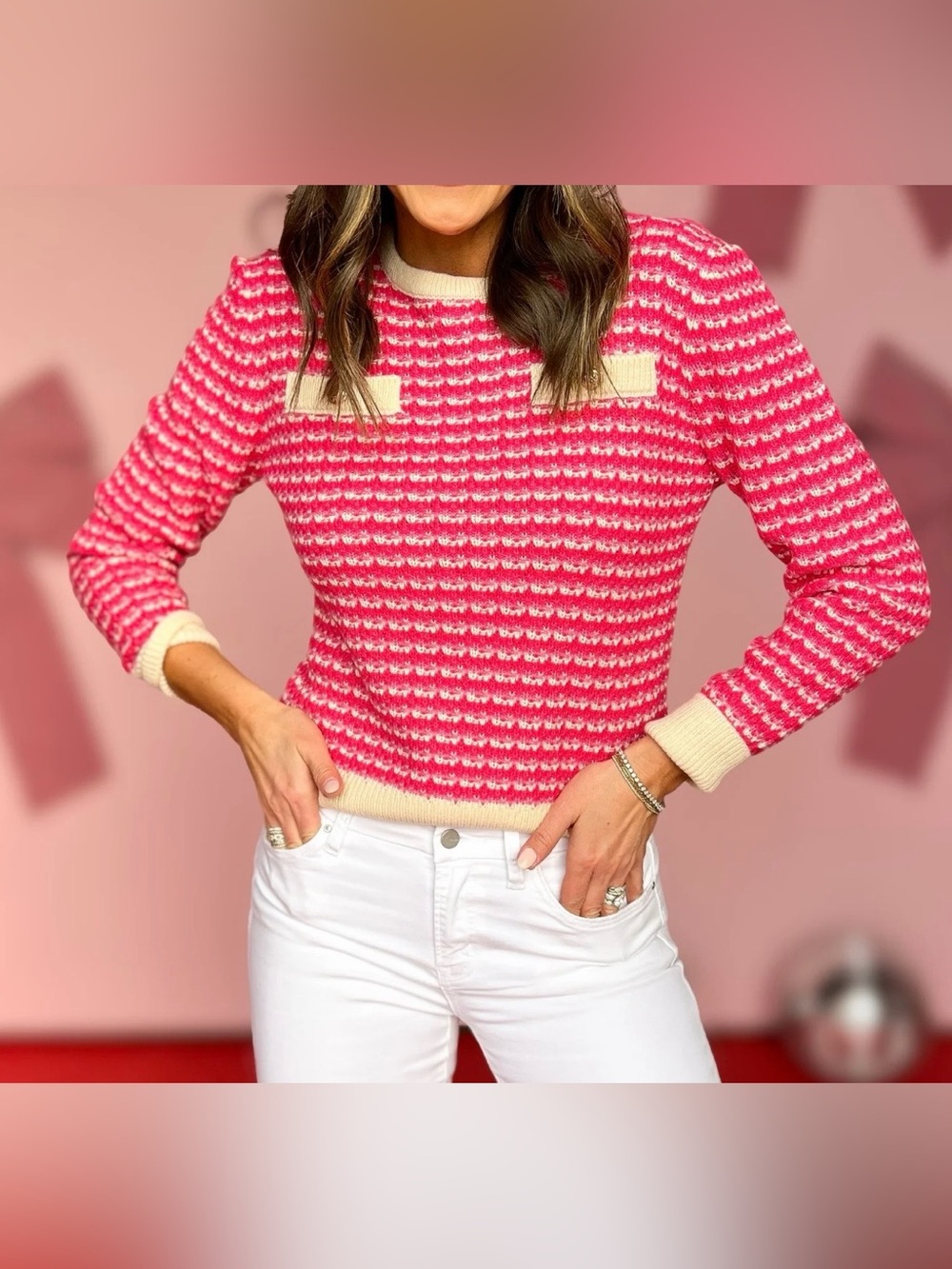 THML Magenta Contrast Ribbed Button Detail Sweater S Pink Cream Coquette Prep